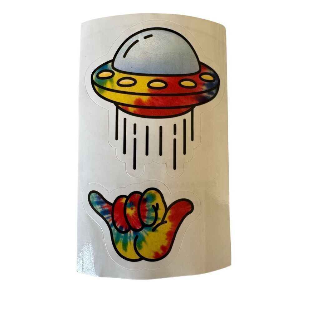 Tye-die stickers UFO alien spaceship Roswell right on hippie psychedelic